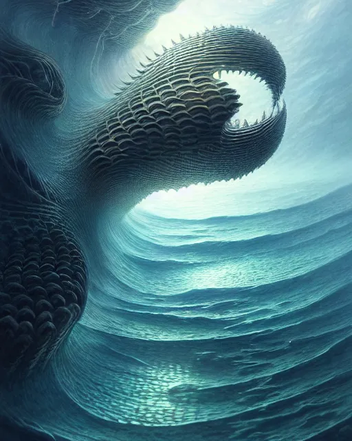 Prompt: a hyper - detailed 3 d render of aquatic creatures of the cresting waves, surrealism!!!!! surreal concept art, lifelike, photorealistic, digital painting, aesthetic, smooth, sharp focus, artstation hd, by greg rutkowski, klimt and nixeu and ian sprigger and wlop and krenz cushart,,