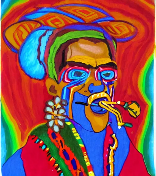 Image similar to Painting of a shaman dressed in a colorful traditional clothes. He is smoking a pipe and blowing out smoke which is morphing into fractals