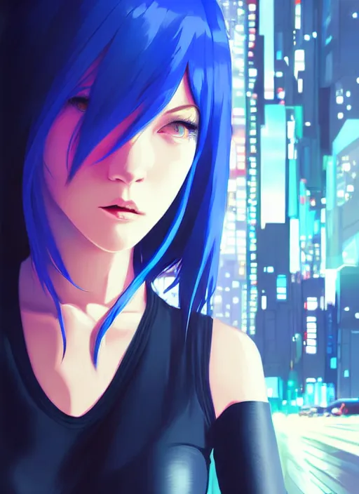 Prompt: hyper realistic photograph portrait of cyberpunk pretty girl with blue hair, wearing a tight black dress, in city street at night, by makoto shinkai, ilya kuvshinov, lois van baarle, rossdraws, basquiat