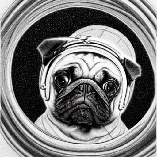 Image similar to pencil art, golden - ratio, spirals, highly detailed, astronaut pug in outer space by davinci.