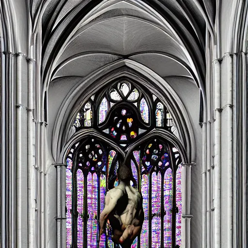 Prompt: human upper body morphs into a gothic cathedral, rose window at the chest, the head is the dome, hyperrealistic, anatomically correct, medical photography, 3d, 8k,