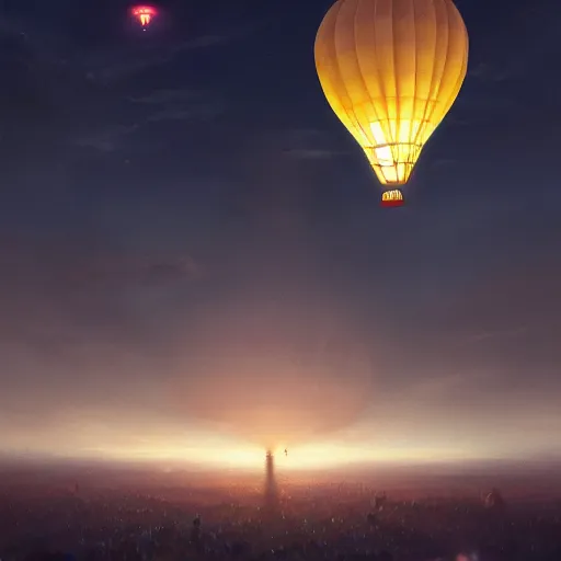 Prompt: we watch as the massive balloons fly into the night sky, realistic, 8 k, extremely detailed, cgi, trending on artstation, hyper - realistic render, 4 k hd wallpaper, premium prints available, by greg rutkowski