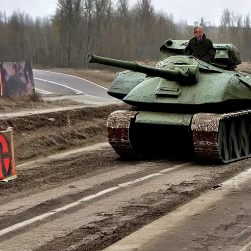 Image similar to Vladimir Putin driving a tank into hole on the highway with a sign that reads “wrong way”, 4k