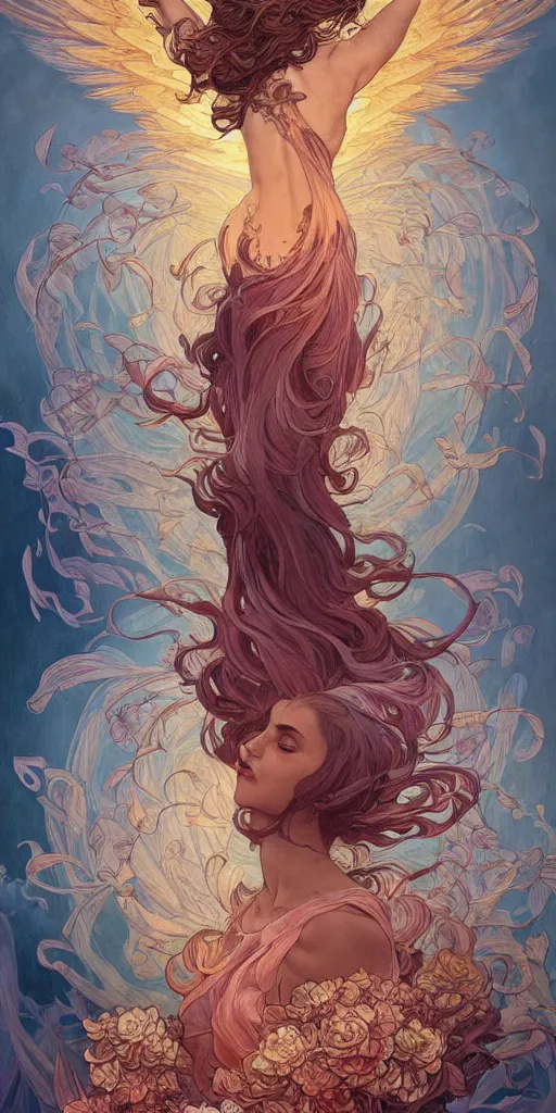 Prompt: a rising phoenix surrounded by spirit waves while rising from a chasm with flowers blossoming, fantasy, intricate, elegant, highly detailed, digital painting, artstation, concept art, smooth, sharp focus, illustration, art by Fernanda Suarez and Artem Demura and alphonse mucha