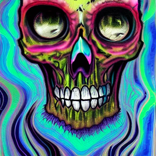 Image similar to portrait of skull, trippy, glitch, paint dripping, miyazaki style, exaggerated accents