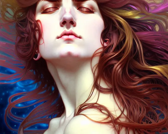 Image similar to overlord, psychedelic flowing hair, close eyes, portrait, highly detailed, deep focus, elegant, digital painting, smooth, sharp focus, illustration, ultra realistic, 8 k, art by artgerm and alphonse mucha and edgar maxence