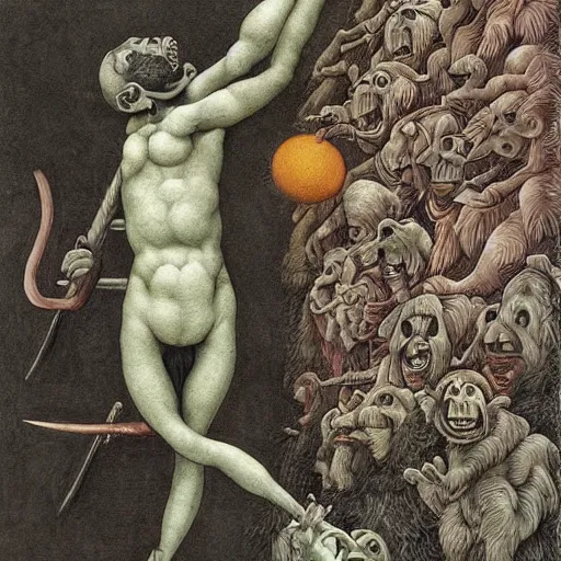 Image similar to Clever monkey with a long knife, very detailed and colorful, by Santiago Caruso, by M.C. Escher, by Michelangelo, beautiful, eerie, surreal, psychedelic