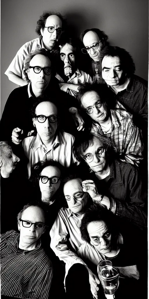 Image similar to award winning photo of todd solondz charlie kaufman larry david syd barret john zorn mike patton smoking, vivid colors, scary, symmetrical face, beautiful eyes, studio lighting, wide shot art by Sally Mann & Arnold Newman