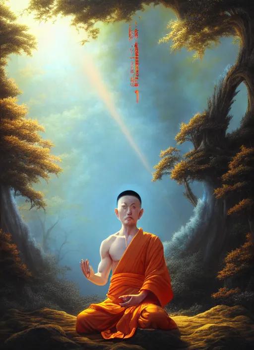 Image similar to a shinto monk meditating, in the style of tomasz alen kopera and fenghua zhong and peter mohrbacher, mystical colors, rim light, beautiful lighting, 8 k, stunning scene, raytracing, octane, trending on artstation