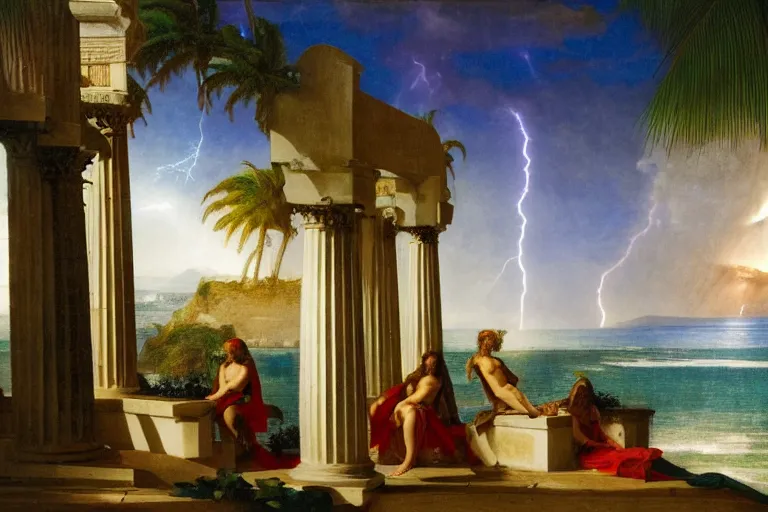 Prompt: mediterranean balustrade and columns, refracted lightnings on the ocean, thunderstorm, sun rays, greek pool, beach and Tropical vegetation on the background major arcana sky and occult symbols, by paul delaroche, hyperrealistic 4k uhd, award-winning, very detailed paradise