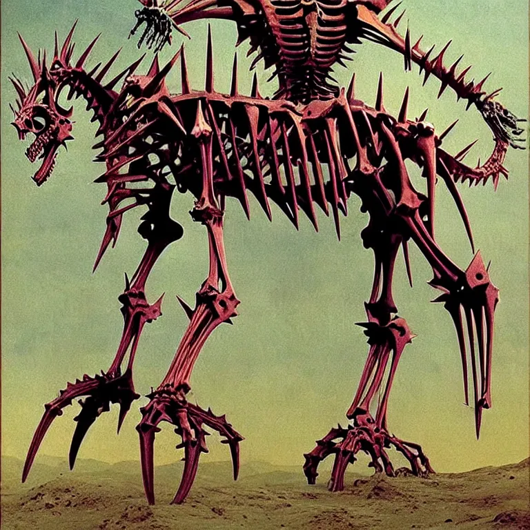 Prompt: A little vibrant. A spiked horned detailed horse skeleton with armored joints stands in a large castle with a pebble in hands and toes. Wearing massive shoulderplates. Extremely high details, realistic, fantasy art, solo, masterpiece, bones, ripped flesh, colorful art by Zdzisław Beksiński, Arthur Rackham, Dariusz Zawadzki, Harry Clarke