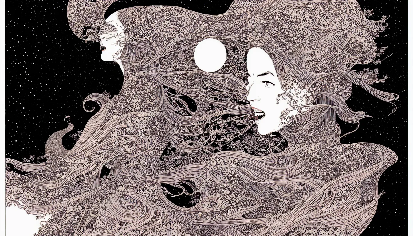 Prompt: laughing beautiful woman by woodblock print, nicolas delort, moebius, victo ngai, josan gonzalez, kilian eng