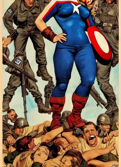 Image similar to beautiful south american female captain america standing on a pile of defeated, beaten and broken german soldiers. feminist captain america wins wwii. american wwii propaganda poster by james gurney. gorgeous face. overwatch