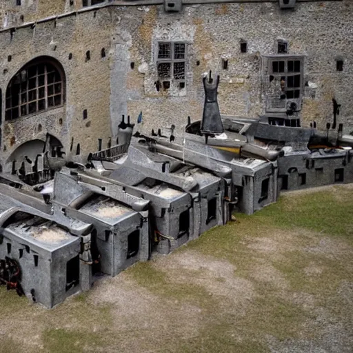 Image similar to photo of a metal medieval castle with machines guns on top of the walls