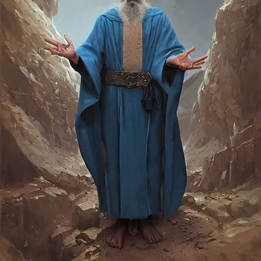 Image similar to A middle aged elf, wrinkled olive skin and a raised hand, long beard, blue robes with clocks on, detailed face, highly detailed, cinematic lighting, digital art painting by greg rutkowski.