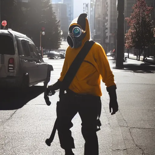 Image similar to man in a gasmask screaming walking down the streets of seattle, sunlight, sunny day, smoke, full shot