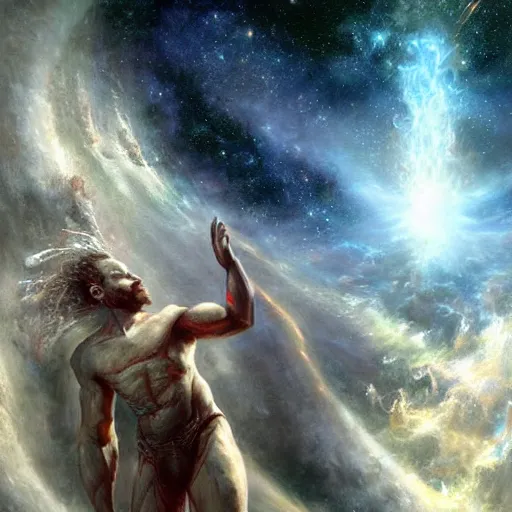 Prompt: brahman watching the creation of the universe by raymond swanland, highly detailed, bright tones