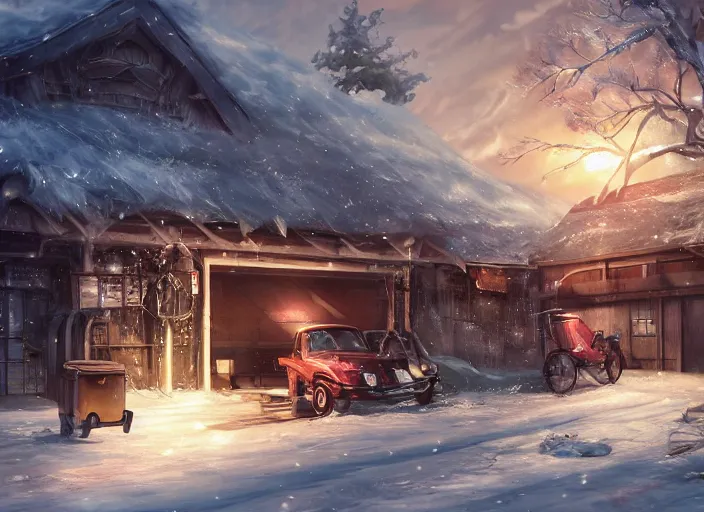 Prompt: grandpa's garage during winter, anime fantasy illustration by tomoyuki yamasaki, kyoto studio, madhouse, ufotable, square enix, cinematic lighting, trending on artstation