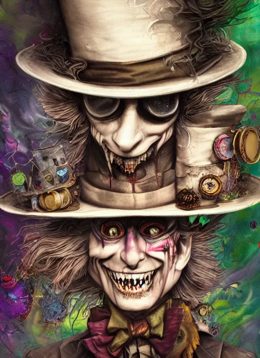 Image similar to mad hatter, angry, scary, cheeky, steampunk googles, highly detailed, cinematic, 8 k, by megan duncanson, benjamin lacombe, stanley artgermm, tom bagshaw, craig mullins, carne griffiths, ayami kojima, beksinski, giger, trending on deviantart, hyper detailed, horror, full of colour