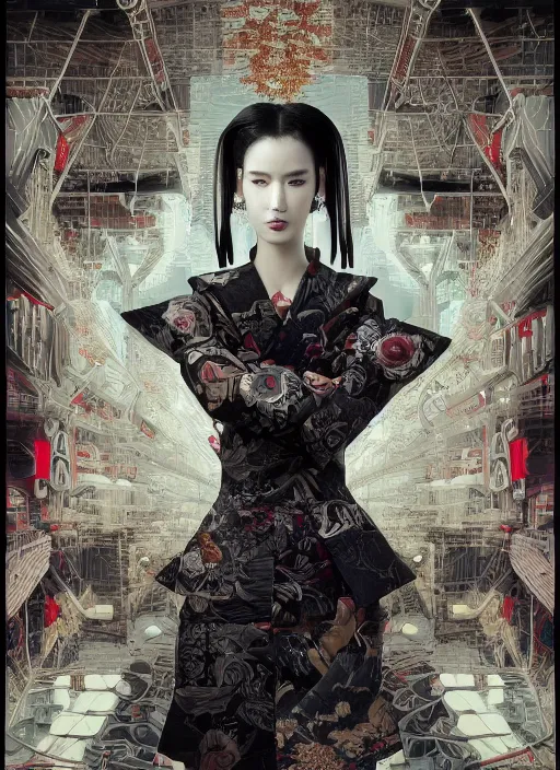 Image similar to portrait of a seductive cyberpunk geisha yakuza, imari, modern fine art, fractal, in the style of ex - machina, intricate ornaments, elegant, highly detailed, digital photography, subsurface scattering, by mc escher and greg rutkowski,