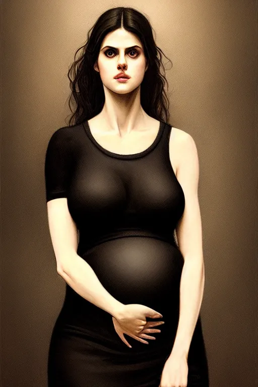 Prompt: pregnant alexandra daddario in a black dress, realistic portrait, symmetrical, highly detailed, digital painting, artstation, concept art, smooth, sharp focus, illustration, cinematic lighting, art by artgerm and greg rutkowski and alphonse mucha