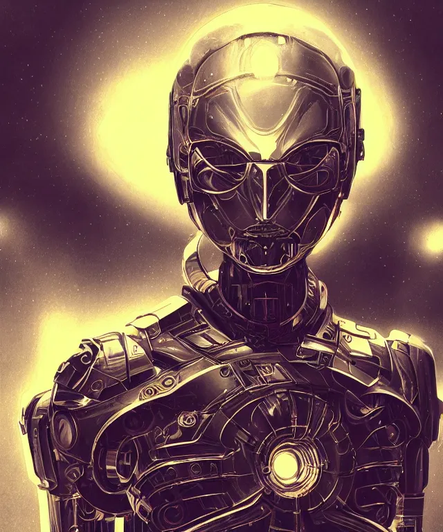 Image similar to Android portrait wearing cybernetic body, subject centered in the frame, rule of thirds, golden ratio , scifi, intricate glowing mecha armor, elegant, glowing cylon eyes, highly detailed cybernetic body, ornate mecha armor, digital painting, artstation, concept art, smooth, sharp focus, illustration, art by Artgerm and moebius and Peter Mohrbacher