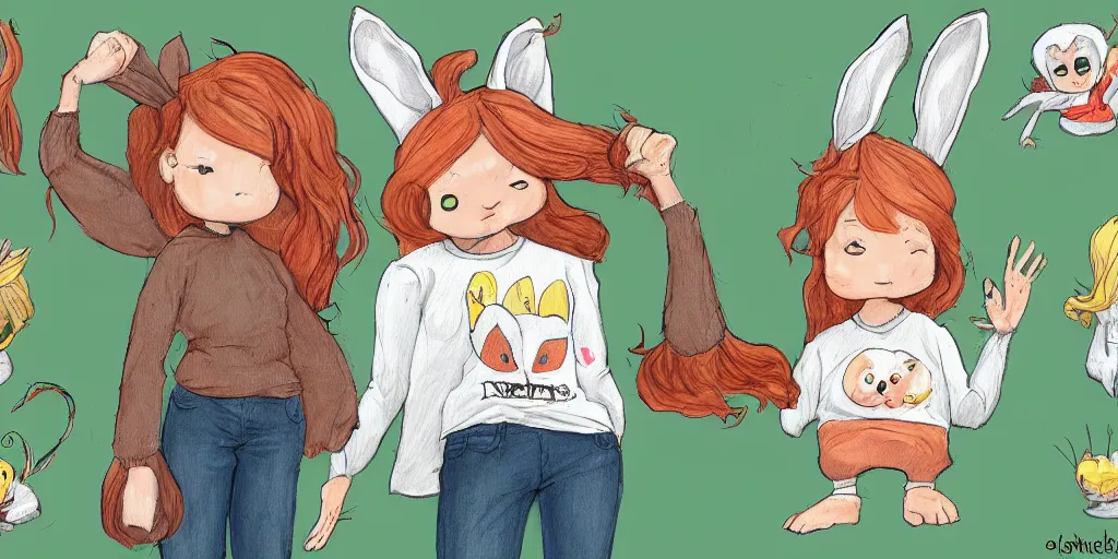 Image similar to women, ginger, cartoon, sweatshirt, concept art, concept art, bunny ears,