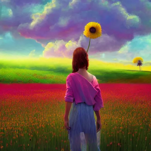 Image similar to giant daisy flower as head, full body girl walking in a flower field, surreal photography, sunrise, dramatic light, impressionist painting, colorful clouds, digital painting, artstation, simon stalenhag