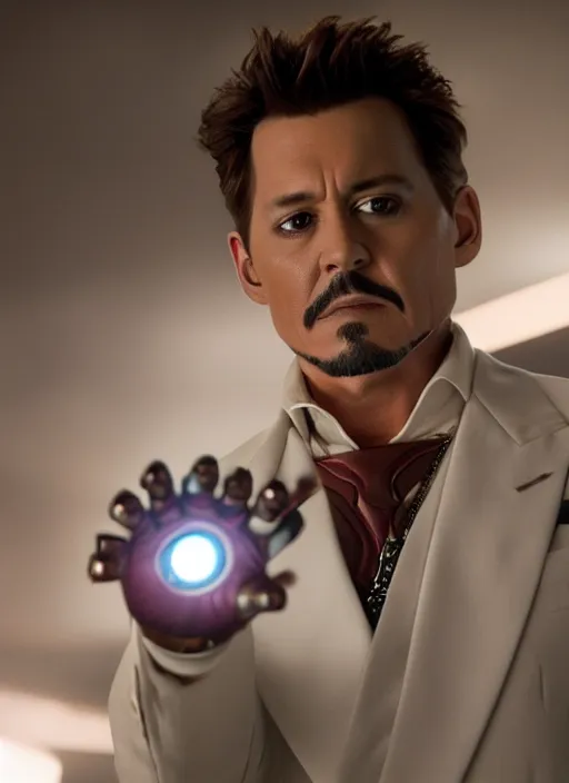 Prompt: film still of Johnny Depp as Tony Stark in Iron Man, 4k