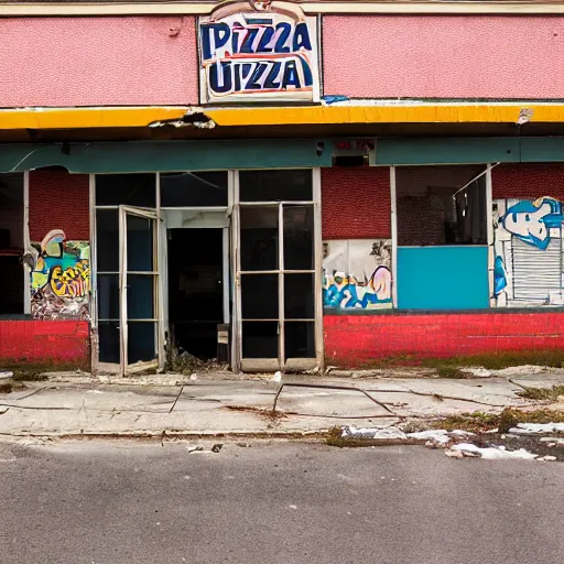 Prompt: the outside of a run down abandoned pizza restaurant