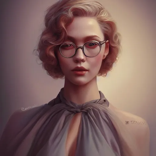 Prompt: wearing a full tight curvy long dress young female with glasses, ultra realistic soft painting, floating long hair, perfectly detailed linework, symmetrical accurate intricate features, highly detailed, artstation, sharp focus, tom bagshaw