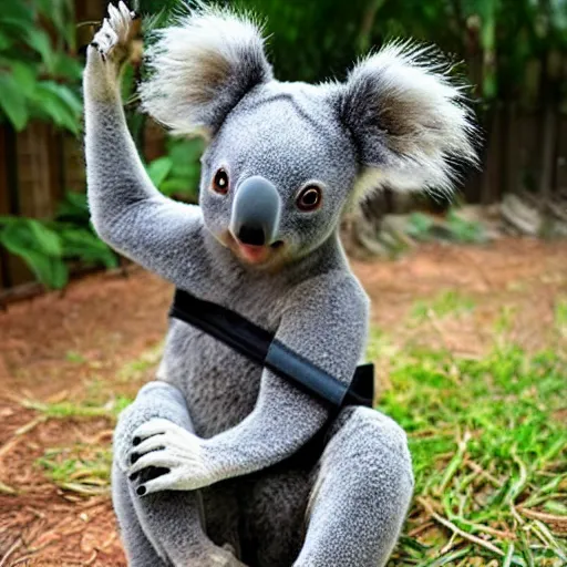 Image similar to a cute koala ninja cosplay, intricate, highly detailed, centered, weta