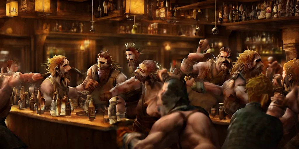 Image similar to a photo of a bar fight inside a pub between hobbits and dwarves and elves, detailed faces, accurate faces, 4k, hyperrealism, editorial, photorealistic, crisp details, sharp focus, wide angle lens, octane render, caustics
