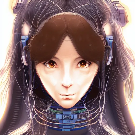 Image similar to Female mage, beautiful face, excited expression, brown flowing hair, symmetrical features, medical background, headshot, cyberpunk, luminescent, wires, cables, gadgets, Digital art, detailed, anime, artist Katsuhiro Otomo