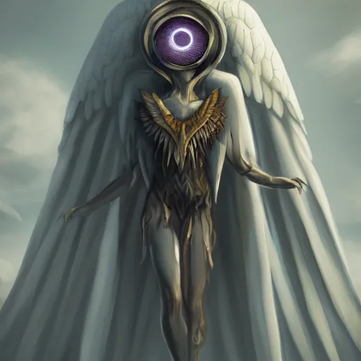 Image similar to giant imposing seraphim with many eyes and many wings, no face, eyes everywhere, hyper realistic, glowing, terrifying, byzantine, artstation