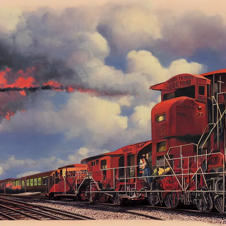 Image similar to a painting of a train going down the tracks, a matte painting by John Matson, deviantart, american scene painting, matte drawing, matte painting, storybook illustration