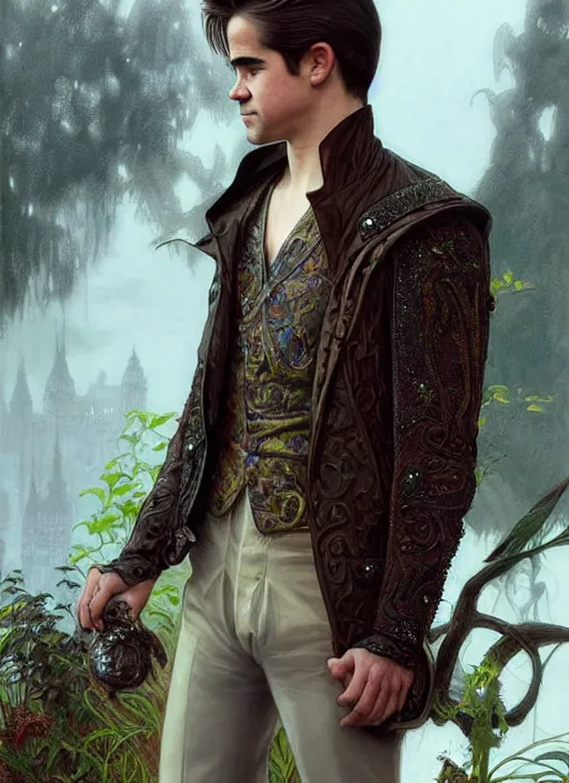 Image similar to teen colin farrell as a modern - day aristocrat wearing dress boots, detailed face, d & d, wet, shiny, fantasy, intricate, elegant, hyper detailed, ultra definition, photoreal, artstation, unreal engine rendered, concept art, smooth, sharp focus, illustration, art by artgerm and greg rutkowski and alphonse mucha and garis edelweiss