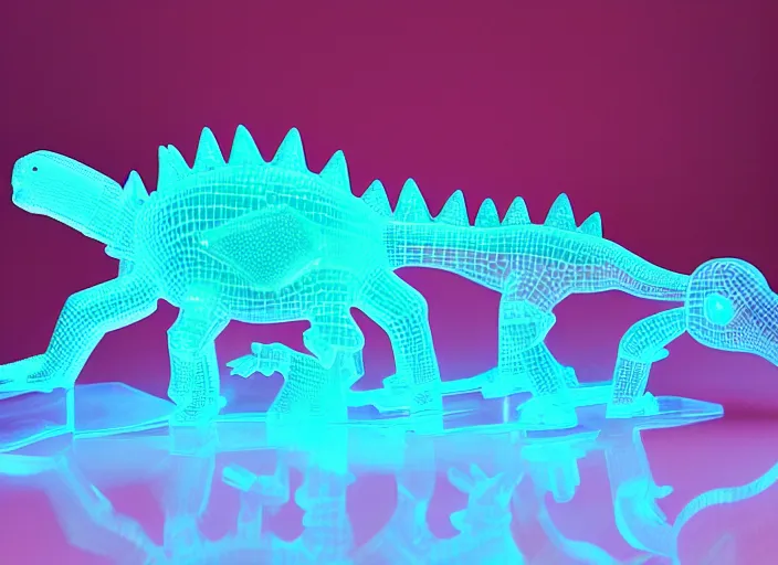 Image similar to photo of a translucent clear pixar 3 d style baby dinosaur stegosaurus, with symmetrical head and eyes, made out of clear plastic, but has red hypercolor glowing electric energy inside its body, and electricity flowing around the body. in the forest.. highly detailed. intricate design by pixar