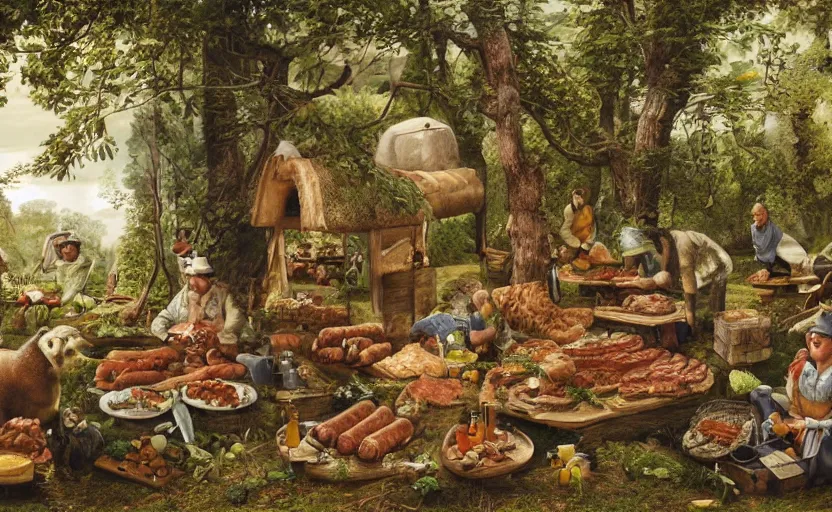 Prompt: a rotflügelsittich, sitting in the trees surrounded by meats and sausages, highly detailed, national geographic