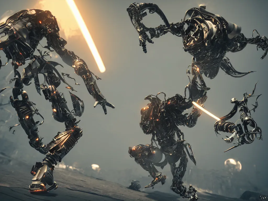 Image similar to Retro futuristic damaged combat walker exoskeleton jumps over a rift, highly detailed, sharp focus, illustration, cinematic lighting, Unreal Engine 5