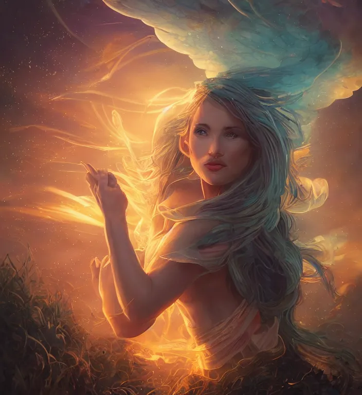 Image similar to centered waist up portrait photography an angel + glowing outlines, dissolve to energy particles of light + bokeh + strong DOF + 8k, photorealistic + composition by Peter Mohrbacher + line work by Dan Mumford , ultra realistic + backlit + strong rimlight, sunset + HDRI, HD, Photoreal