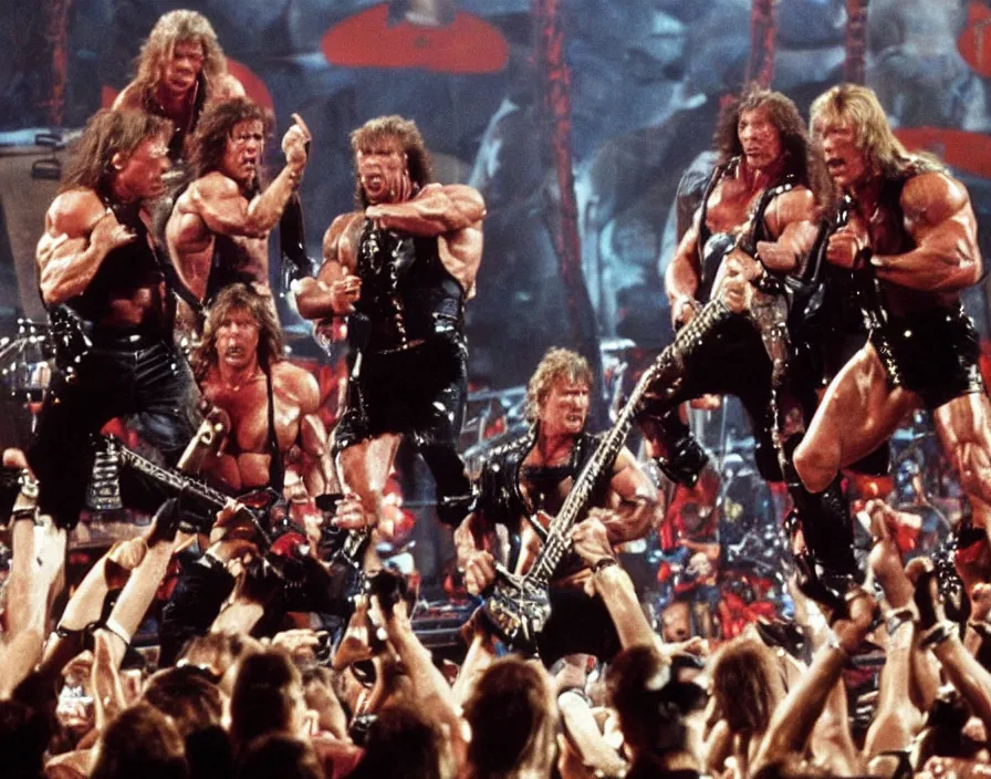Prompt: colour photo off arnold schwarzenegger, sylvester stallone, dolph lundgren, Chuck Norris and Jean-Claude Van Damme in a heavy metal band, playing guitars, guitar solo, drums, on stage at monsters of rock 1992, massive amplifiers, pyrotechnics, smoke, 28mm, wide angle, vivid colors, daylight, photo real, press photographs, Eastman EXR 50D 5245/7245