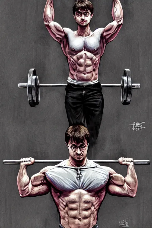 Image similar to highly detailed rendering of Daniel Radcliffe as Harry Potter doing barbell back squats, dingy gym, wearing a muscle tee shirt, symmetrical, highly detailed, digital painting, artstation, concept art, smooth, sharp focus, illustration, cinematic lighting, art by artgerm and greg rutkowski and alphonse mucha