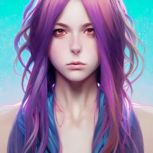 Image similar to portrait of beautiful symmetrical anime girl, rainbow hair, attractive, casual, modern, victoria's secret, highly detailed, digital painting, artstation, concept art, smooth, sharp focus, illustration, art by artgerm, greg rutkowski and alphonse mucha, 8 k,