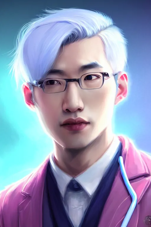 Image similar to character design, a handsome young doctor with silver hair, chinese mixed canadian ancestry, blurred environment background, colorful magic effects, white skin, portrait, male, clothed, sharp focus, digital art, concept art, trending on artstation, dynamic lighting, by emylie boivin and rossdraws