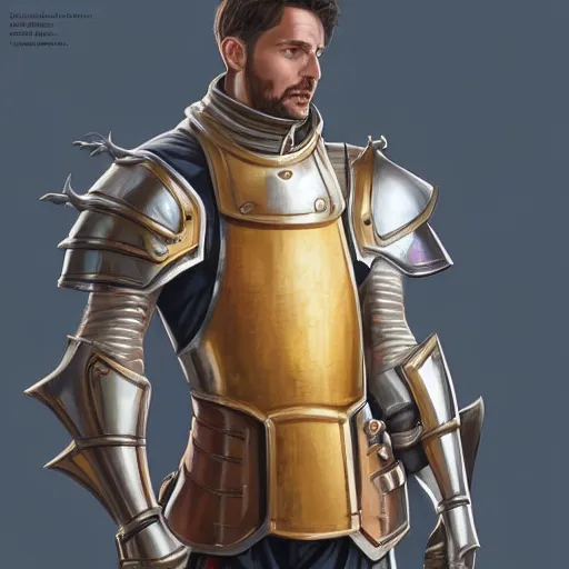 Image similar to male artificer, arrogant, plate armor without helmet, half-body portrait, D&D, fantasy, portrait, highly detailed, digital painting, artstation, concept art, sharp focus, illustration, art by artgerm and greg rutkowski and magali villeneuve, red white and gold color scheme