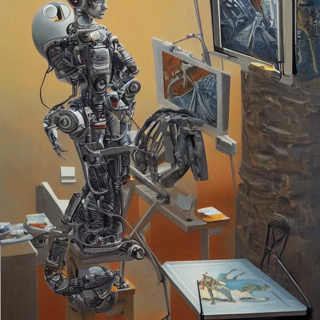 Prompt: robot artist painting a self - portrait on a canvas. intricate, highly detailed, digital matte painting in the style of alberto vargas and in the style of bob eggleton. irony, recursion, inspiration.