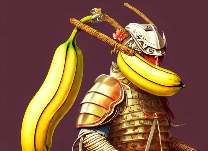 Prompt: a anthropomorphic banana wearing samurai armor, banana, diffuse lighting, fantasy, intricate, elegant, highly detailed, lifelike, photorealistic, digital painting, artstation, illustration, concept art, smooth, sharp focus, art by frank frazetta and marco bucci and loish and rossdraws and artgerm and alphonse mucha