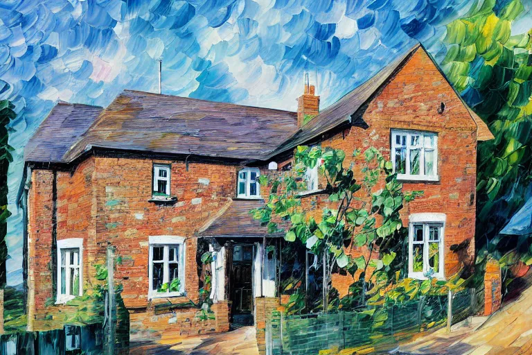 Image similar to cyberpunk, an estate agent listing photo, external view of a 5 bedroom detached countryside house in the UK, summer, sunny day, by Leonid Afremov