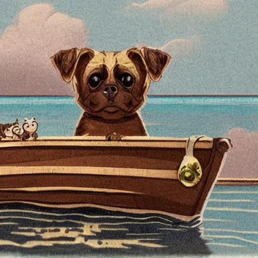 Prompt: a masterpiece detailed illustration of a cute dog on a boat. the scene is detailed and beautiful. the illustration combines the style of michael foreman and jane clarke. 3 / 4 view.